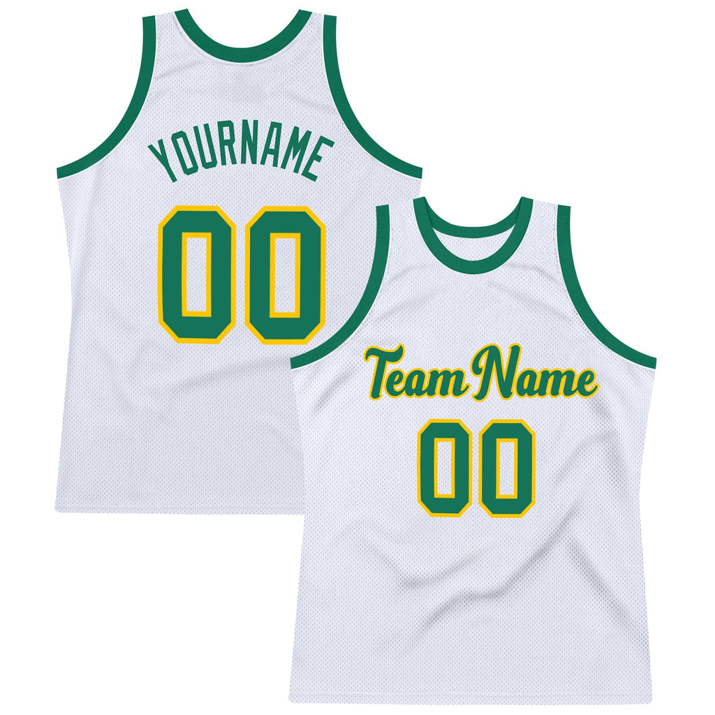 Custom White Kelly Green-Gold Authentic Throwback Basketball Jersey photo 1