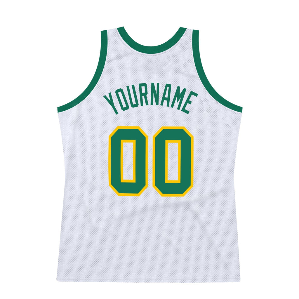Custom White Kelly Green-Gold Authentic Throwback Basketball Jersey photo 5
