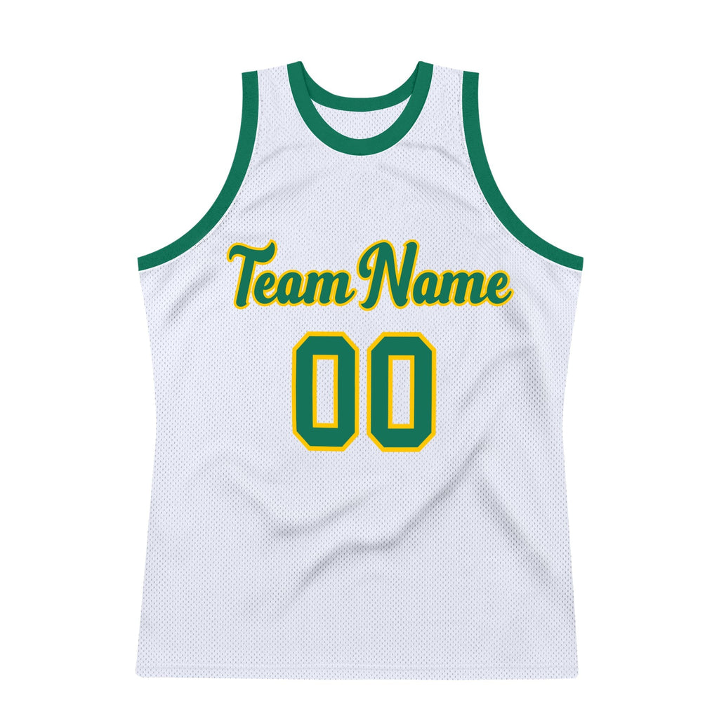 Custom White Kelly Green-Gold Authentic Throwback Basketball Jersey photo 6