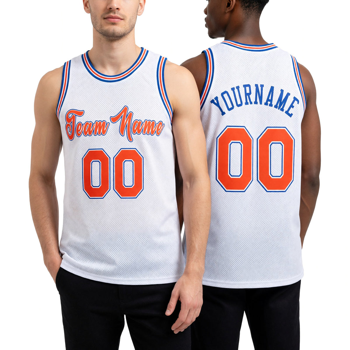 Custom White Orange-Royal Authentic Throwback Basketball Jersey worn front and back