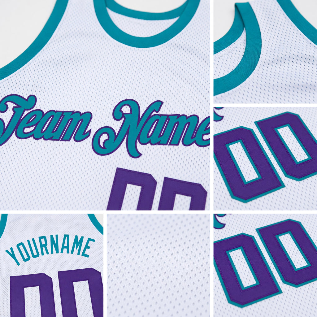 Custom White Purple-Teal Authentic Throwback Basketball Jersey detail