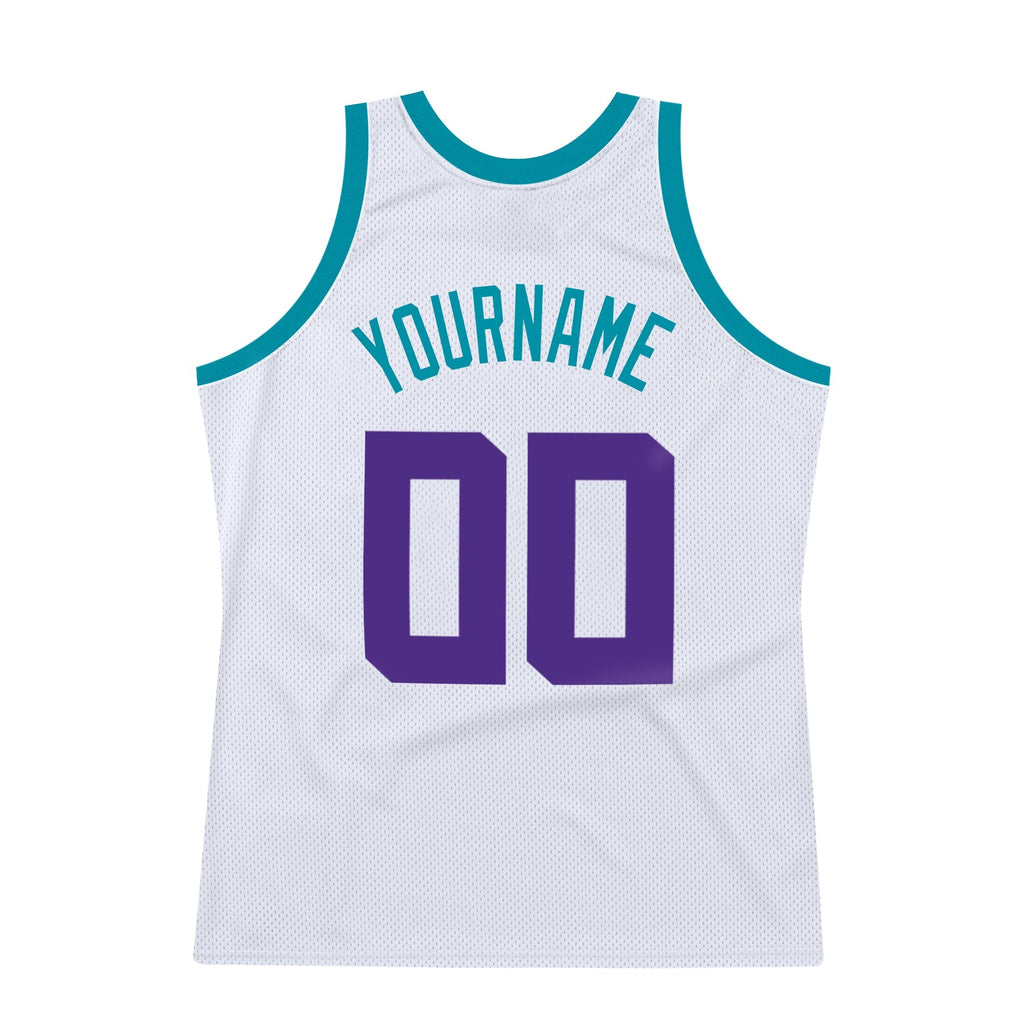 Custom White Purple-Teal Authentic Throwback Basketball Jersey photo 5