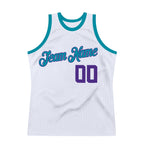 Custom White Purple-Teal Authentic Throwback Basketball Jersey photo 6