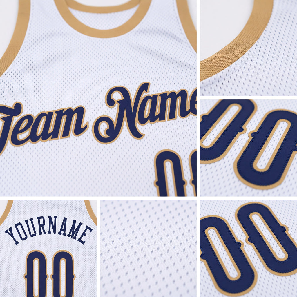 Custom White Navy-Old Gold Authentic Throwback Basketball Jersey detail