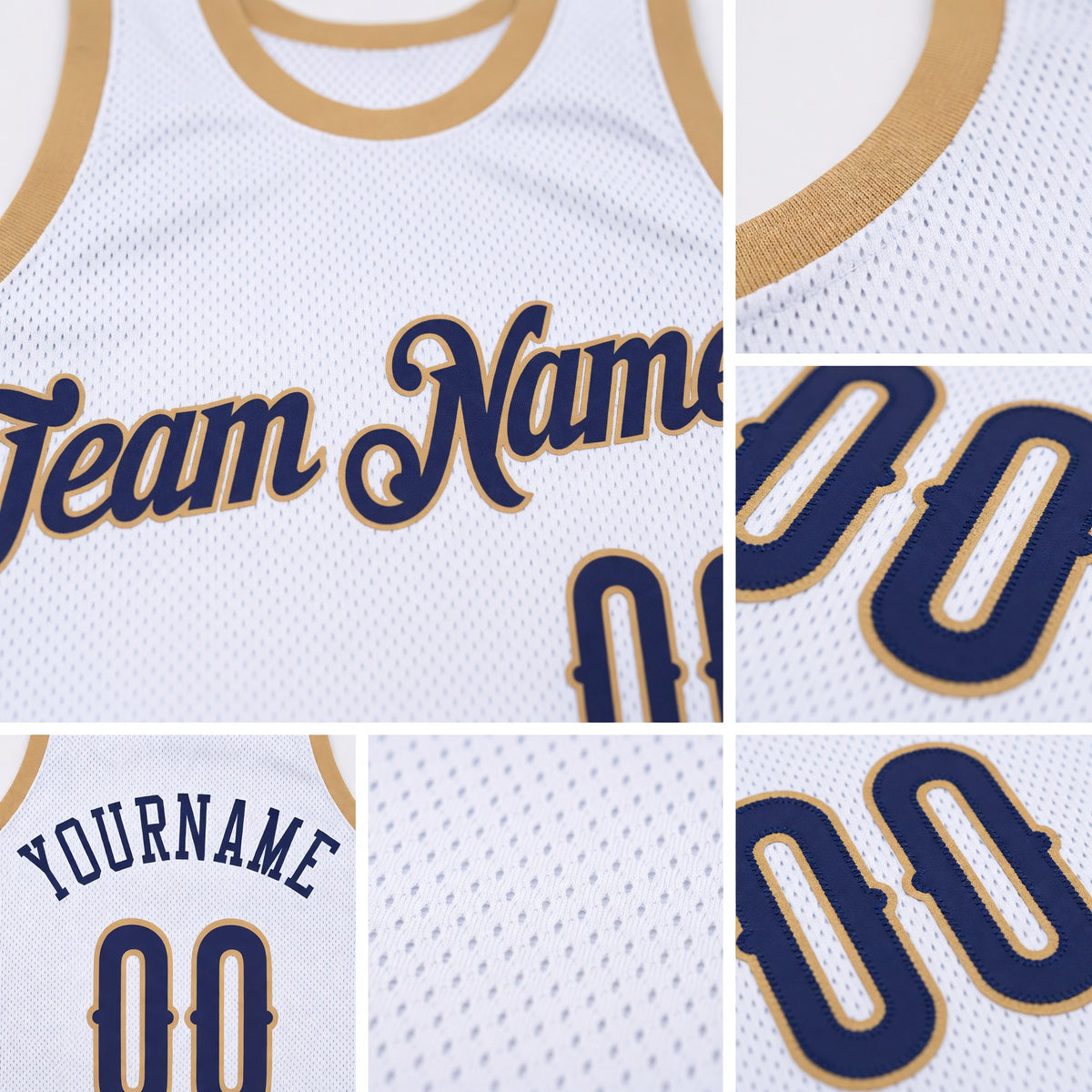 Custom White Navy-Old Gold Authentic Throwback Basketball Jersey detail