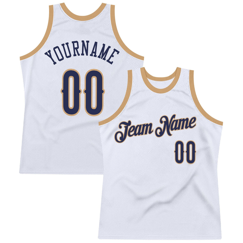 Custom White Navy-Old Gold Authentic Throwback Basketball Jersey photo 1