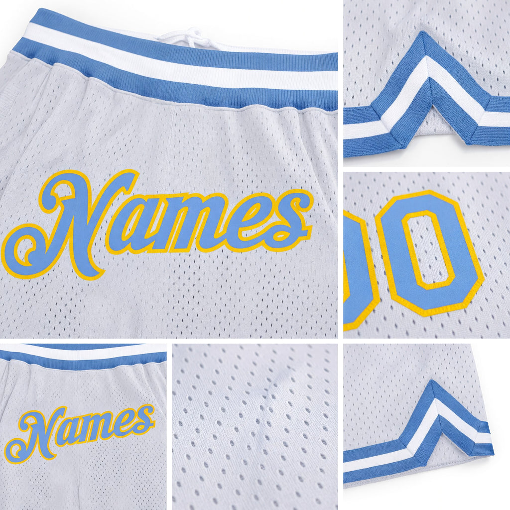 Custom White Light Blue-Gold Authentic Throwback Basketball Shorts detail
