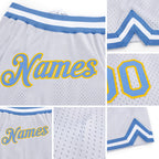 Custom White Light Blue-Gold Authentic Throwback Basketball Shorts detail