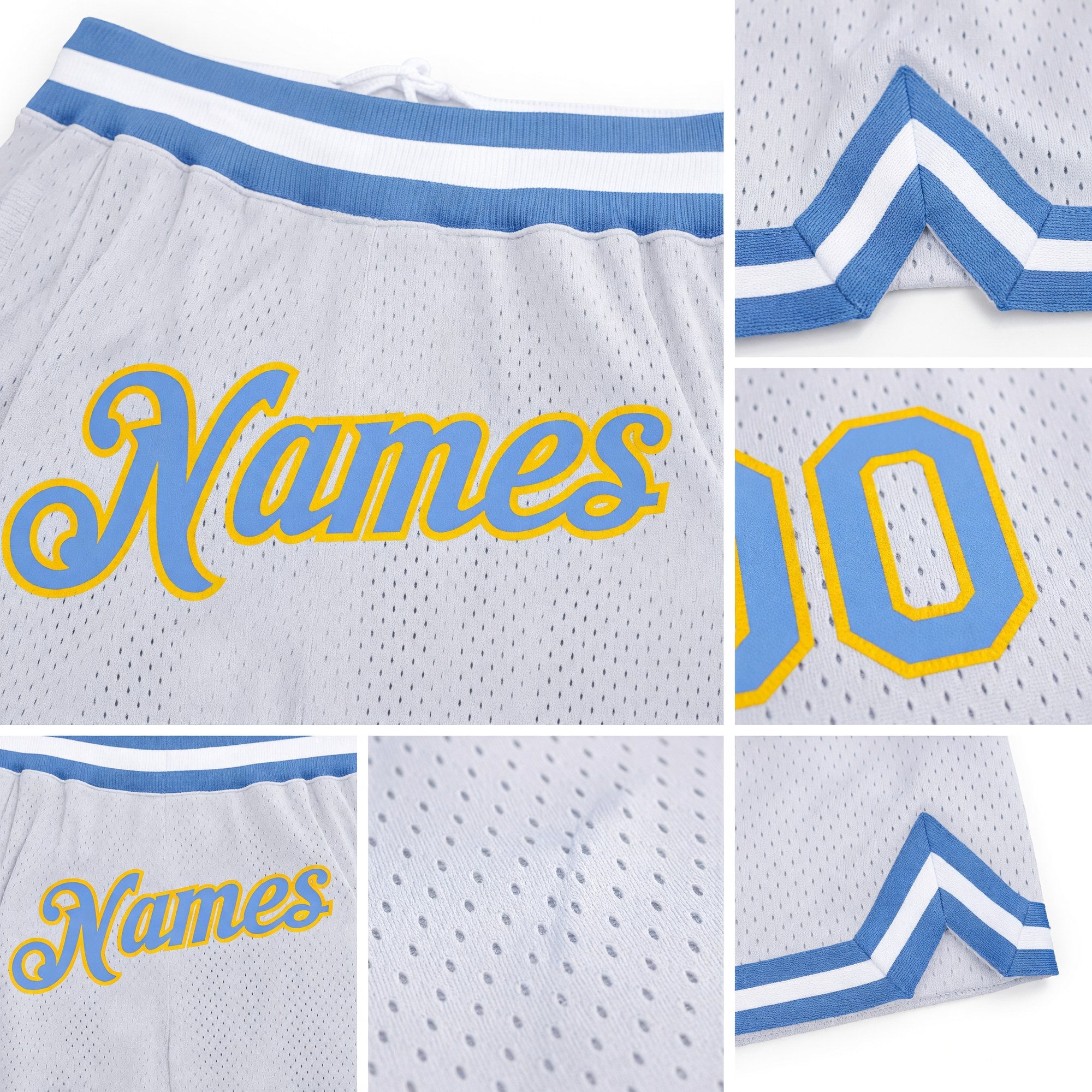 Custom White Light Blue-Gold Authentic Throwback Basketball Shorts detail