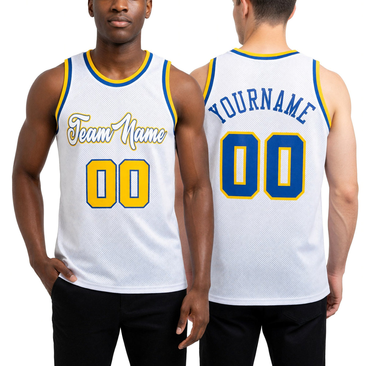 Custom White Royal-Gold Authentic Throwback Basketball Jersey worn front and back