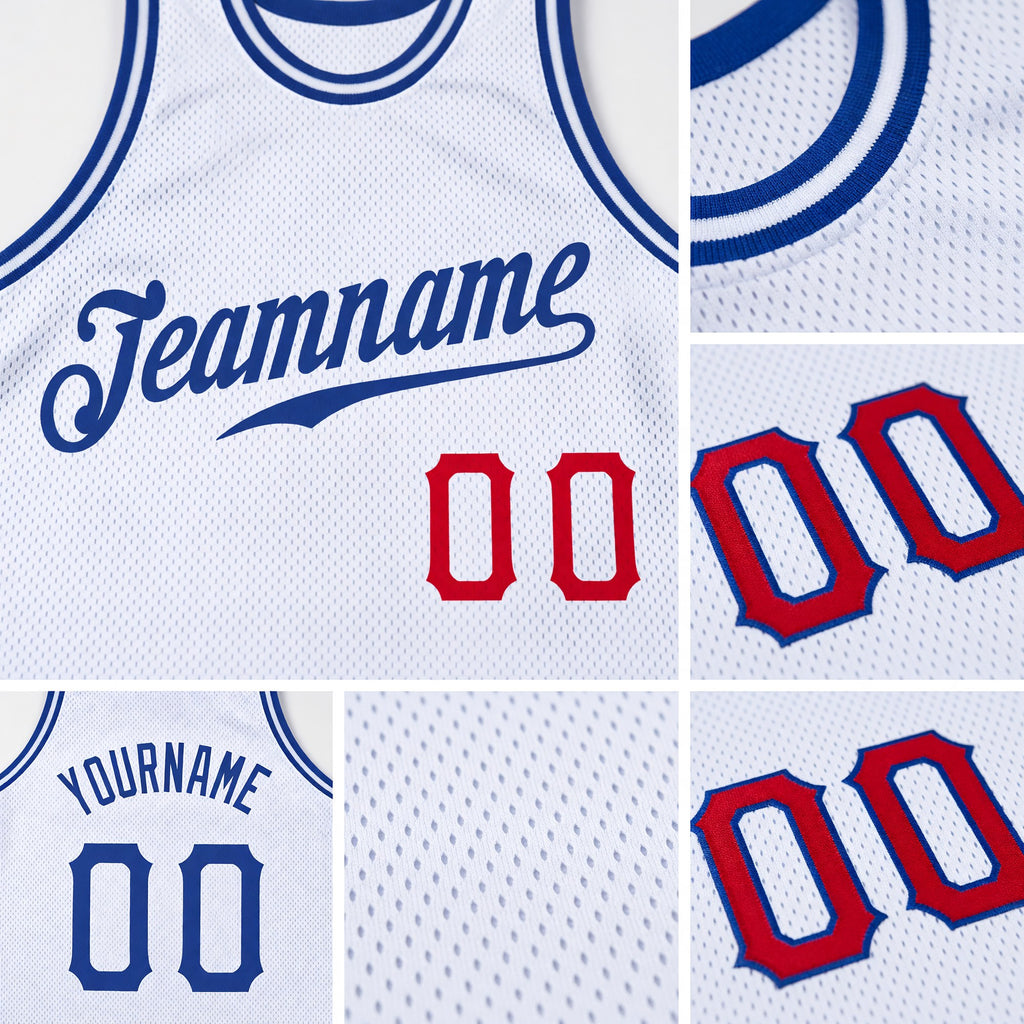 Custom White Royal-Red Authentic Throwback Basketball Jersey detail