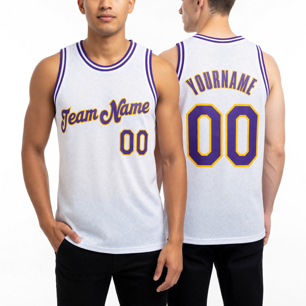 Custom White Purple-Gold Authentic Throwback Basketball Jersey worn front and back