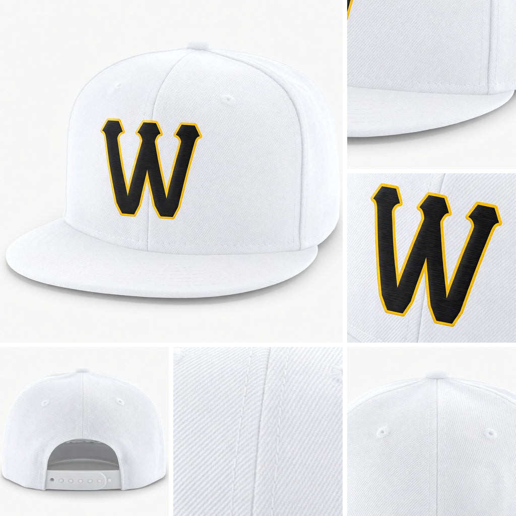 Custom White Black-Gold Stitched Adjustable Snapback Hat detail