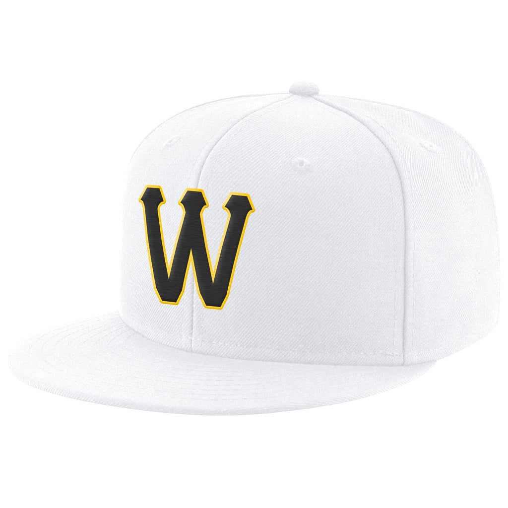 Custom White Black-Gold Stitched Adjustable Snapback Hat photo 1