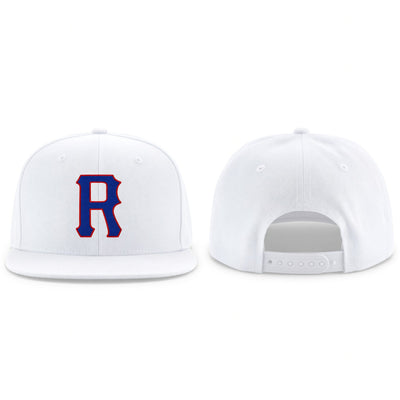 Custom White Adjustable Snapback Hat with Royal and Red Lettering