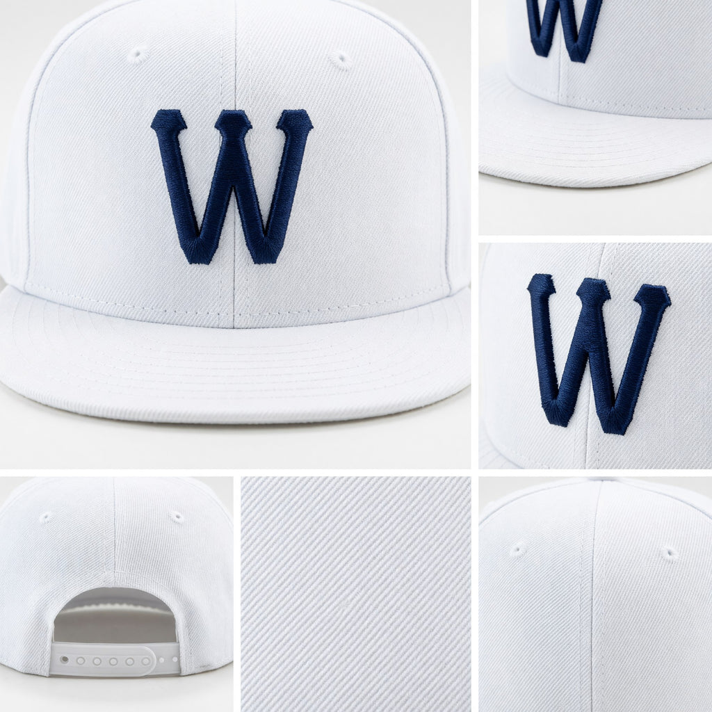 Custom White Navy Stitched Adjustable Snapback Hat detail