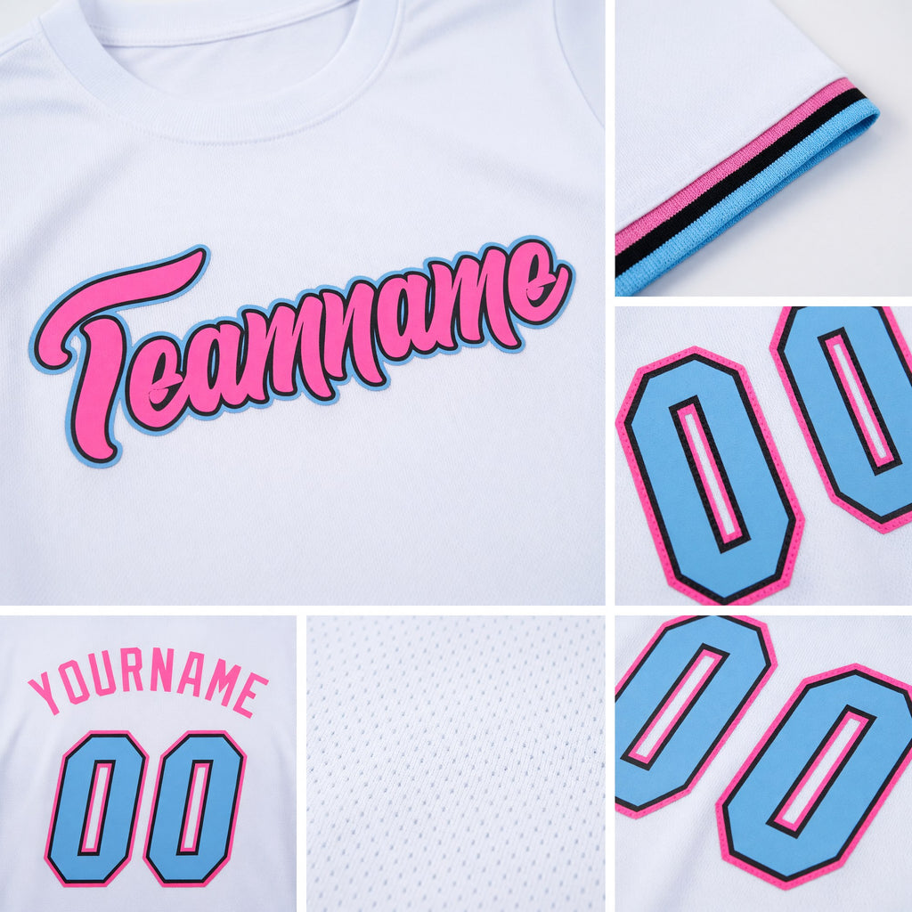 Custom White Light Blue-Pink Performance T-Shirt detail