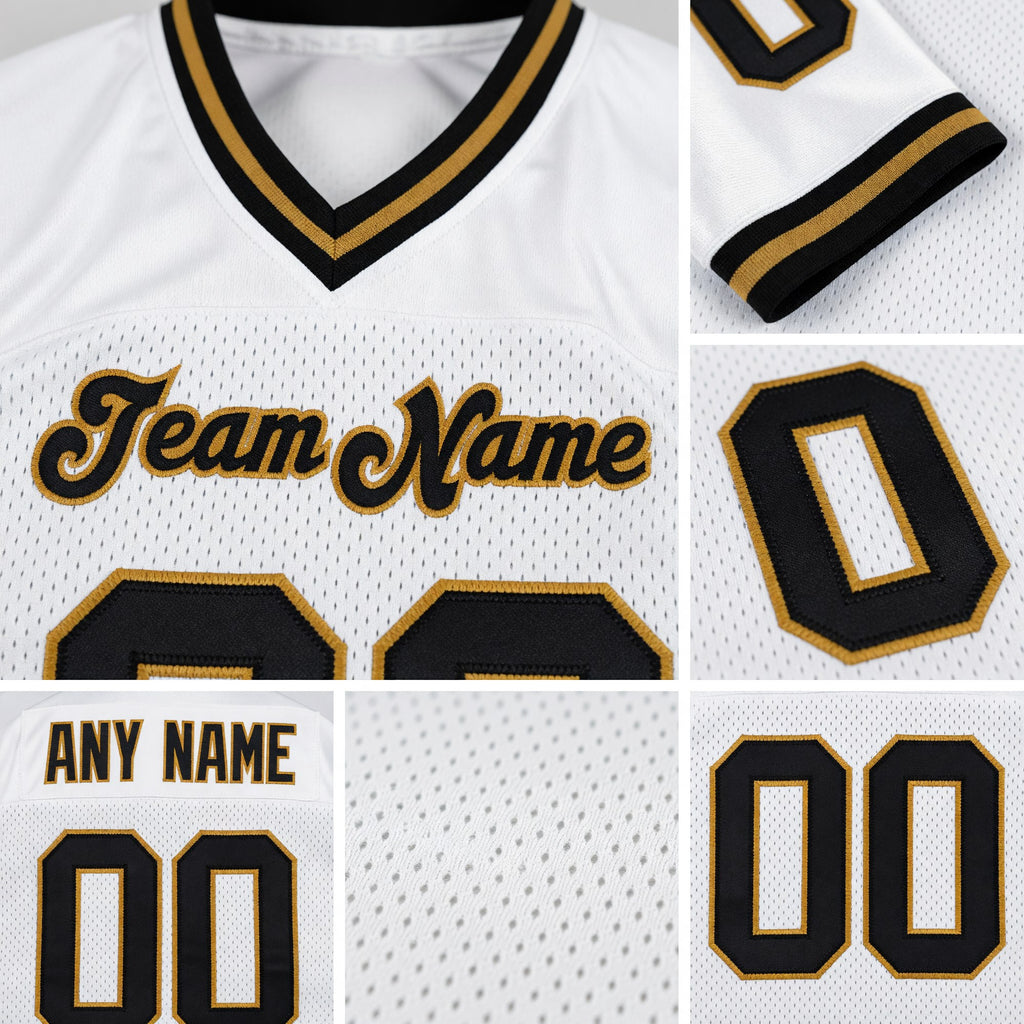 Custom White Black-Old Gold Mesh Authentic Throwback Football Jersey detail