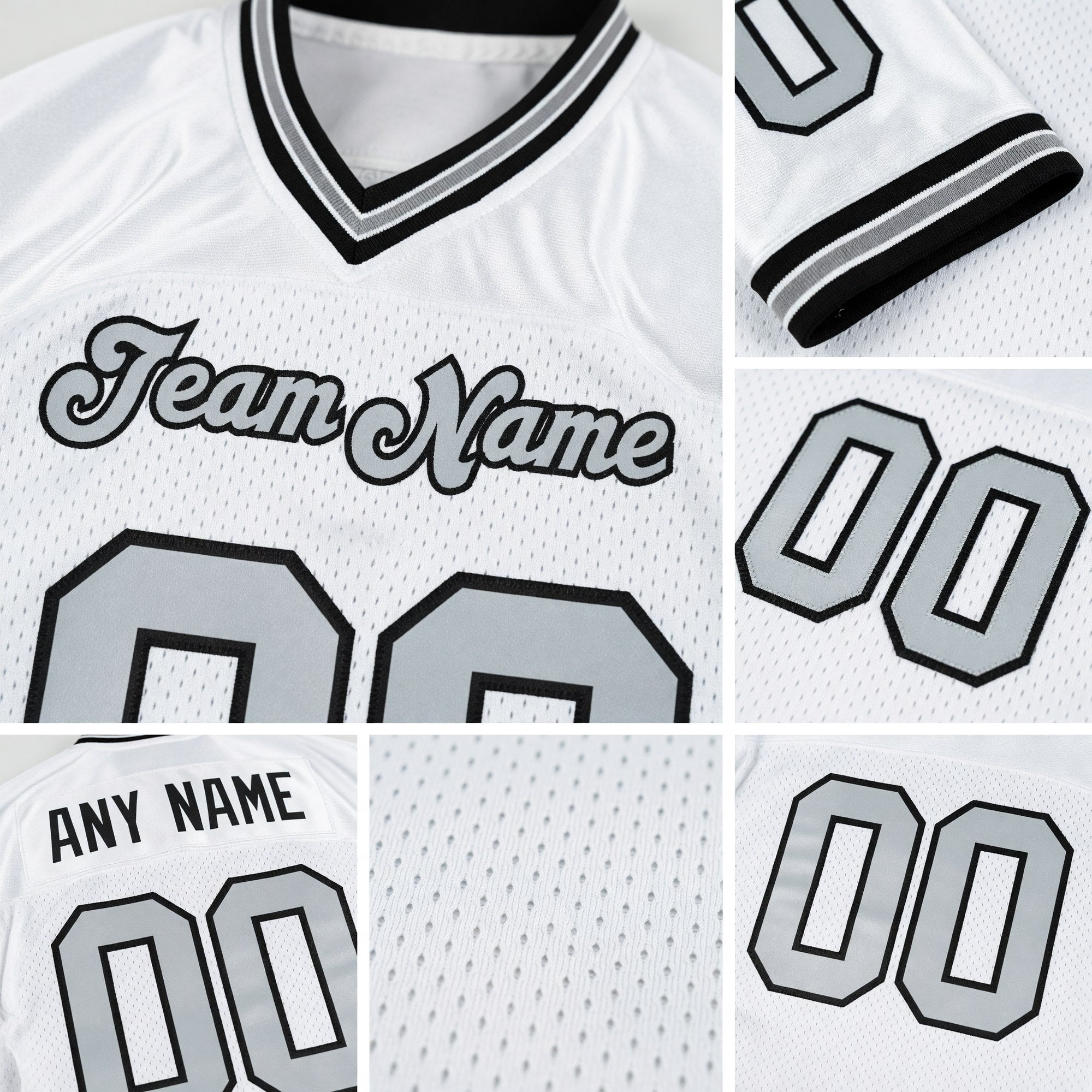 Custom White Silver-Black Mesh Authentic Throwback Football Jersey detail