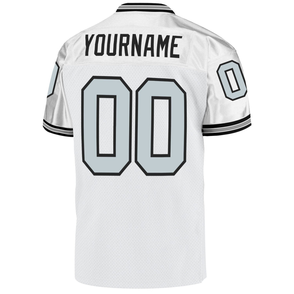 Custom White Silver-Black Mesh Authentic Throwback Football Jersey photo 2