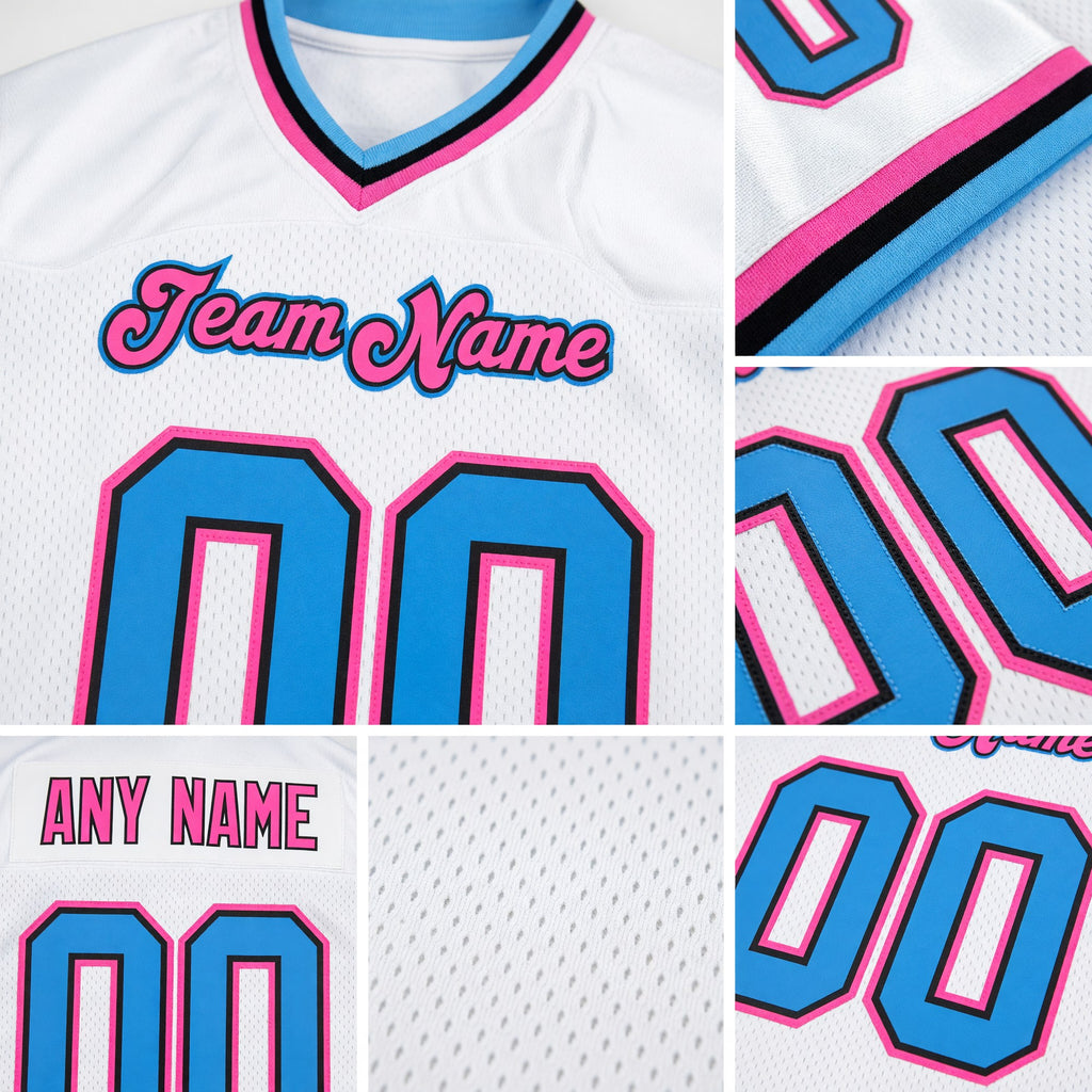 Custom White Powder Blue-Pink Mesh Authentic Throwback Football Jersey detail