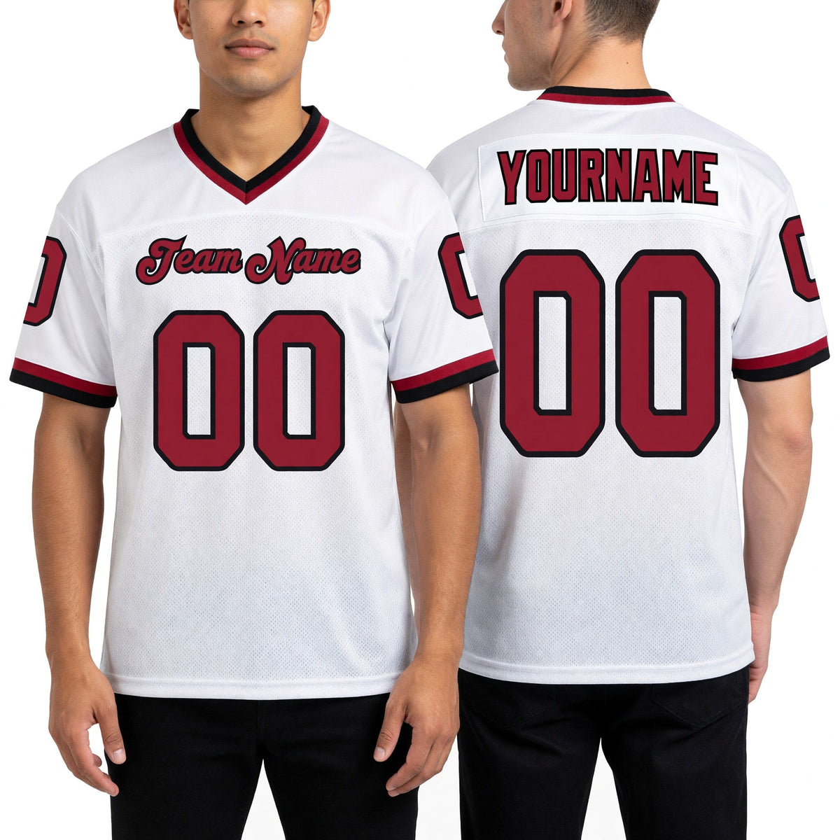 Custom White Cardinal-Black Mesh Authentic Throwback Football Jersey worn front and back