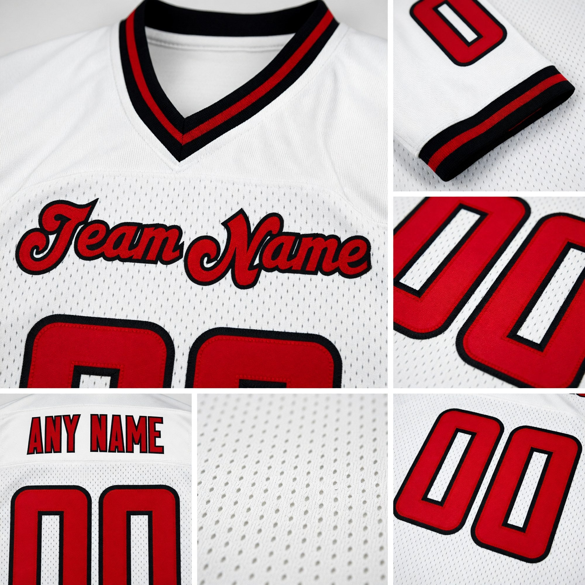 Custom White Red-Black Mesh Authentic Throwback Football Jersey detail