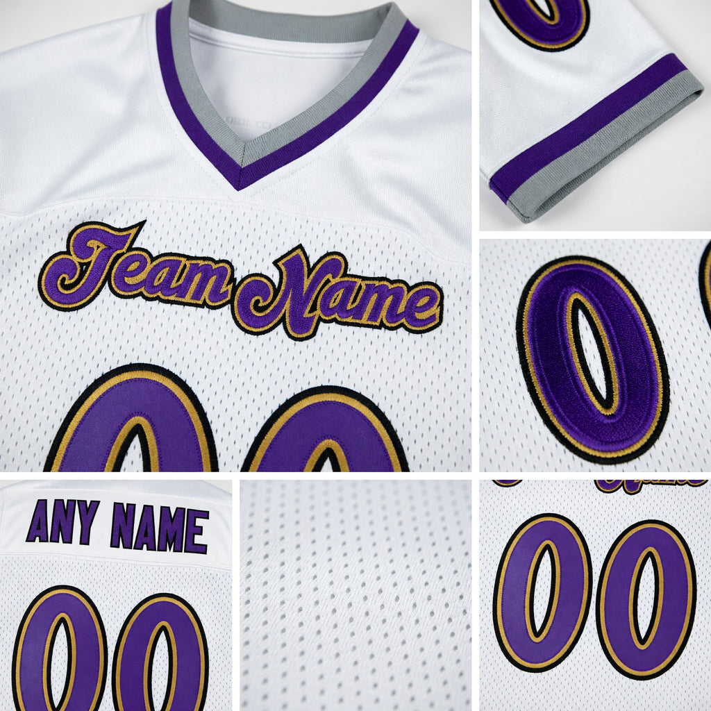 Custom White Purple-Old Gold Mesh Authentic Throwback Football Jersey detail