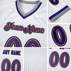 Custom White Purple-Old Gold Mesh Authentic Throwback Football Jersey detail