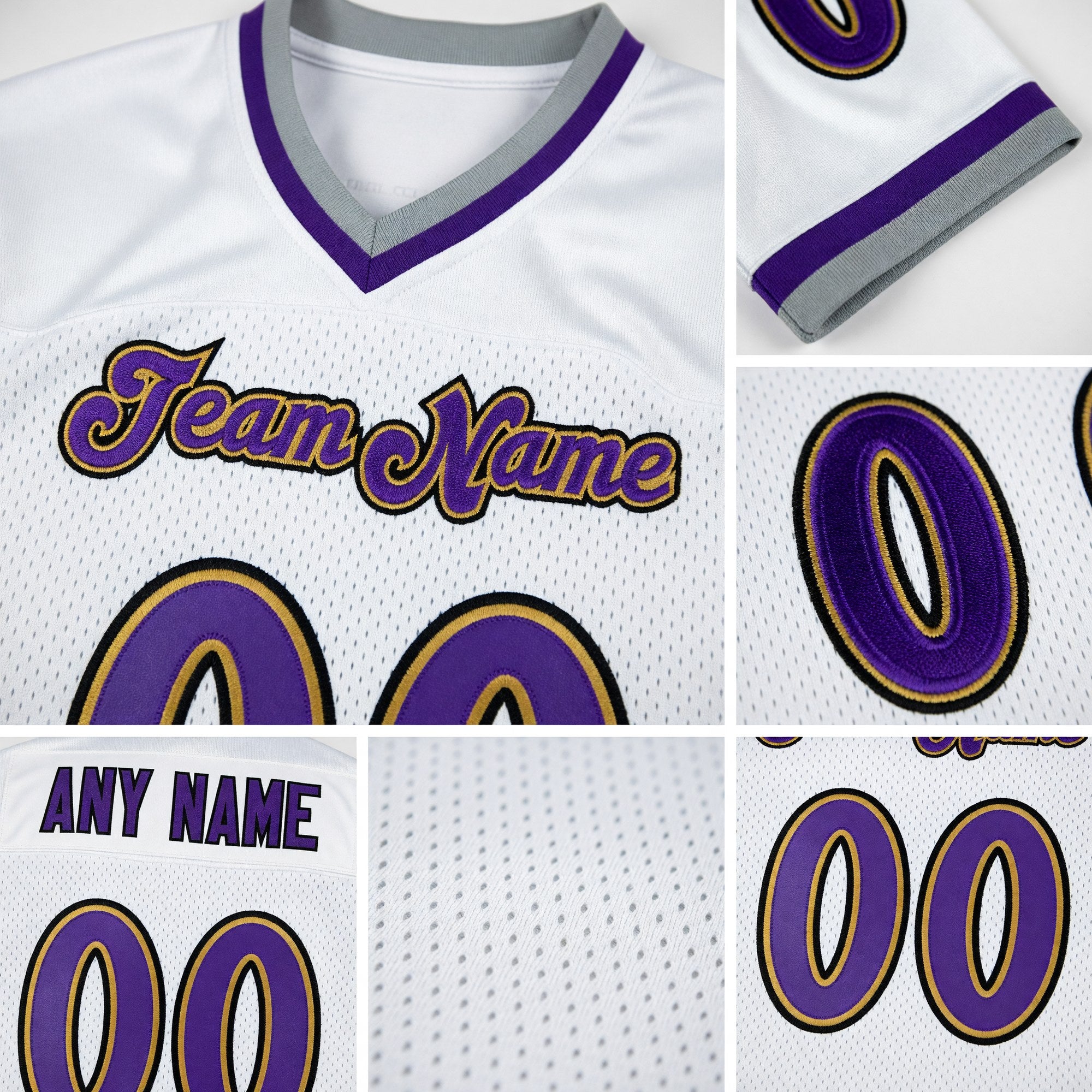 Custom White Purple-Old Gold Mesh Authentic Throwback Football Jersey detail