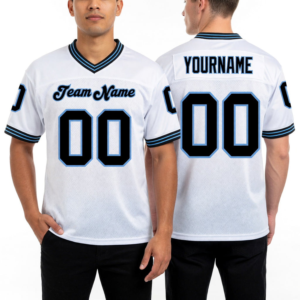 Custom White Black-Light Blue Mesh Authentic Throwback Football Jersey worn front and back