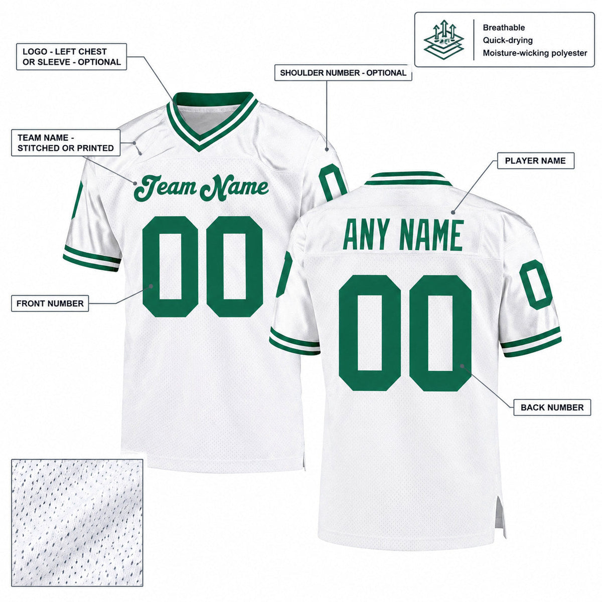 Custom White Mesh Authentic Football Jersey with Kelly Green Lettering Design 0526 customization guide
