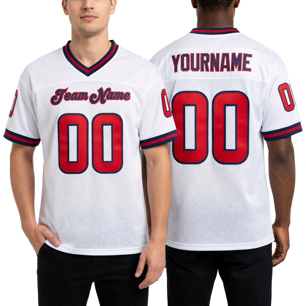 Custom White Red-Navy Mesh Authentic Throwback Football Jersey worn front and back