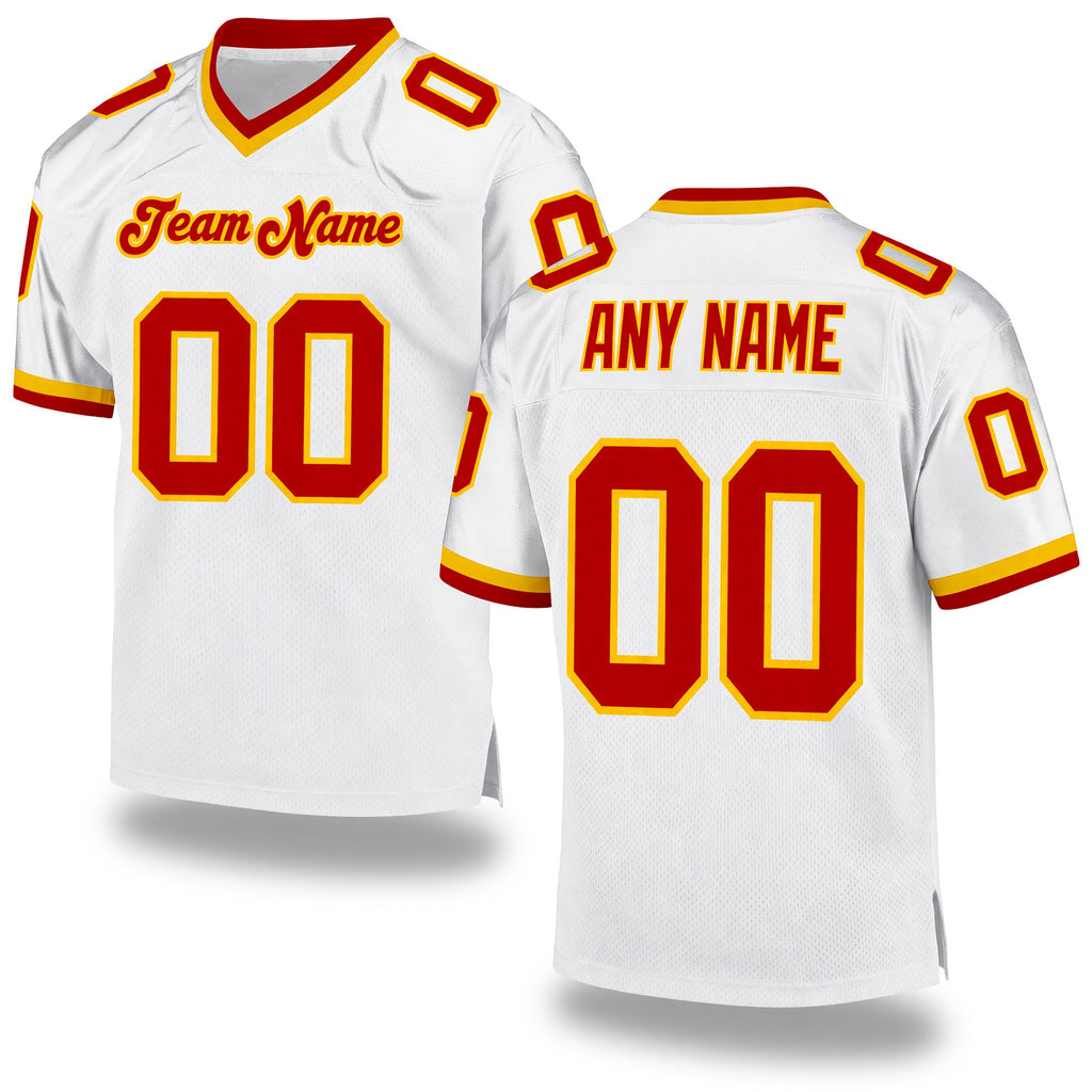 Custom White Red-Gold Mesh Authentic Throwback Football Jersey