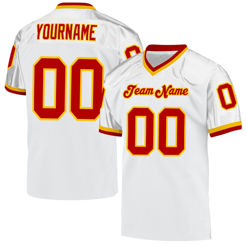 Custom White Red-Gold Mesh Authentic Throwback Football Jersey photo 1