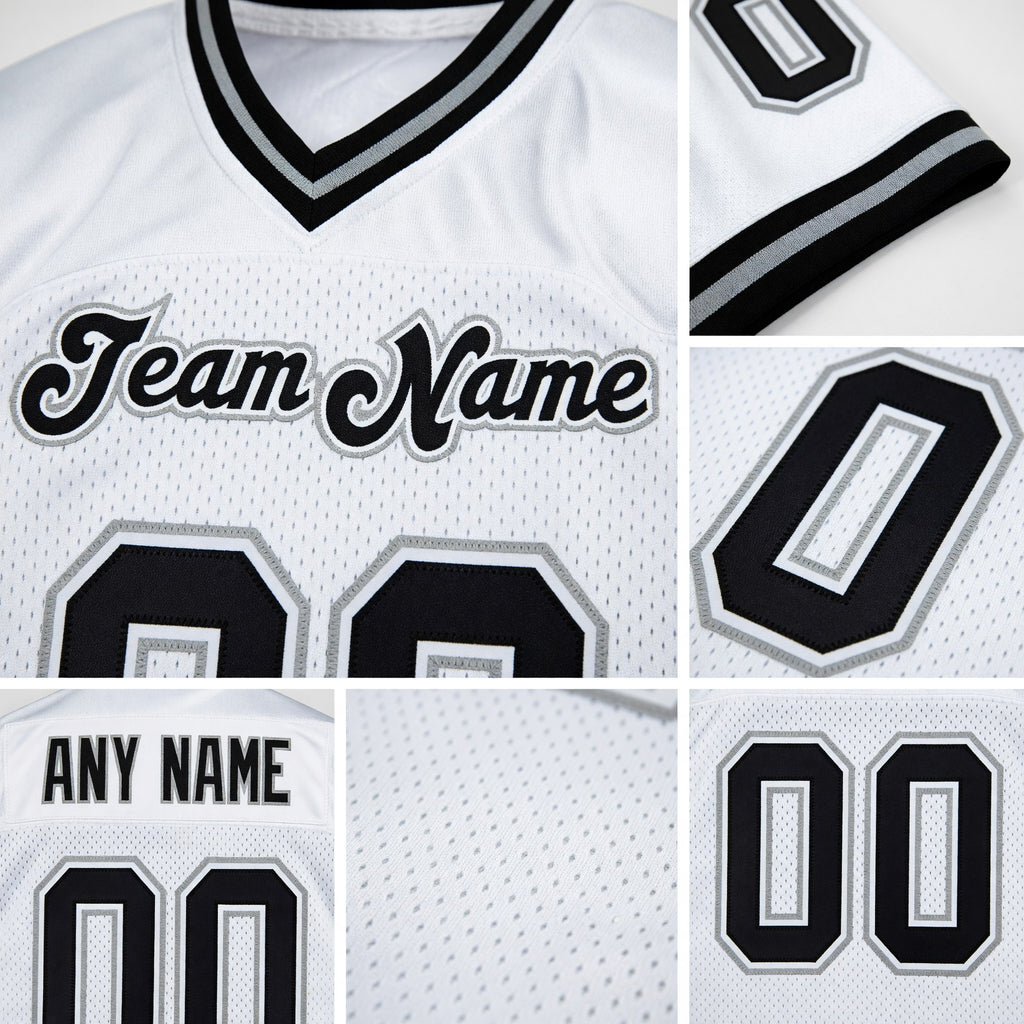 Custom White Black-Gray Mesh Authentic Throwback Football Jersey detail