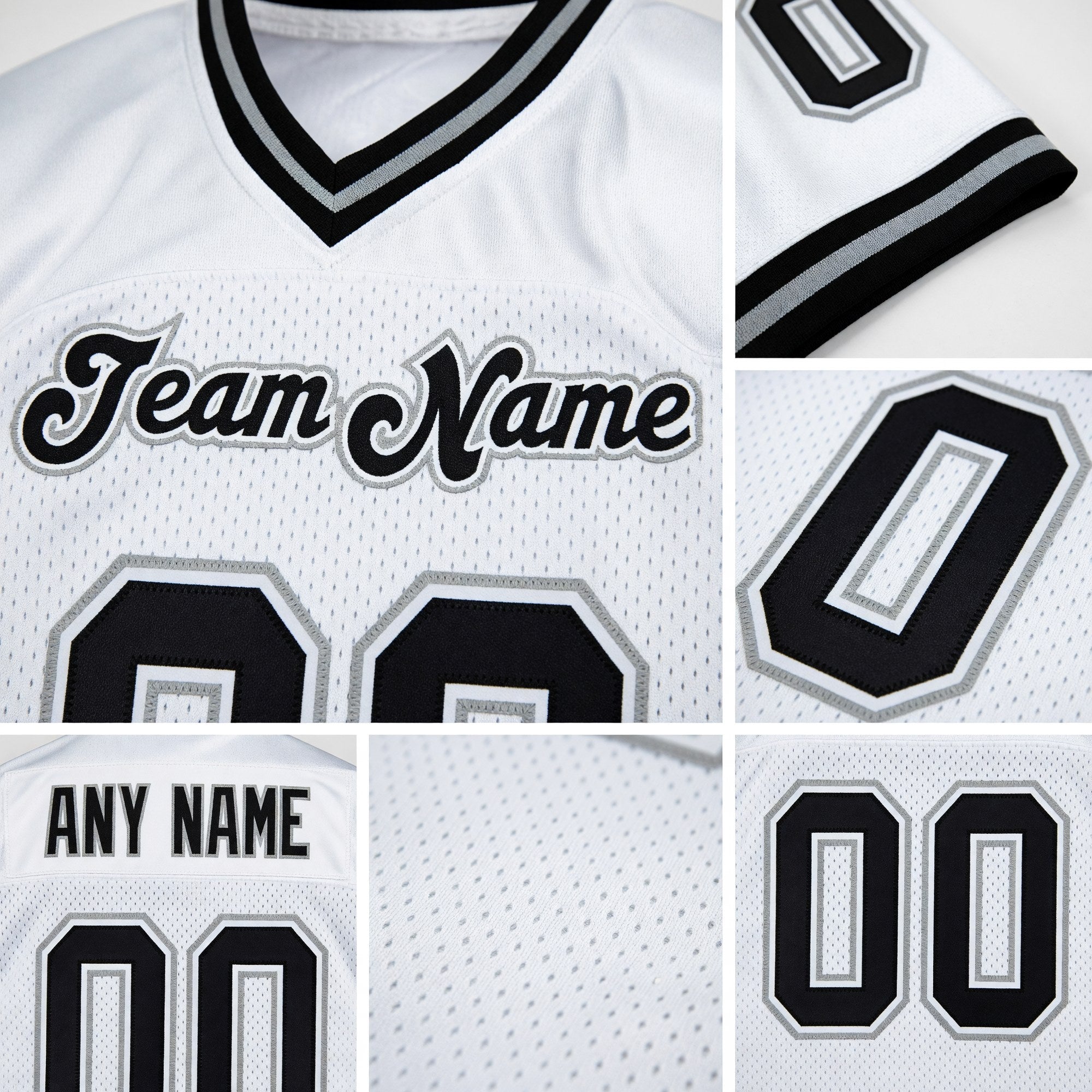 Custom White Black-Gray Mesh Authentic Throwback Football Jersey detail