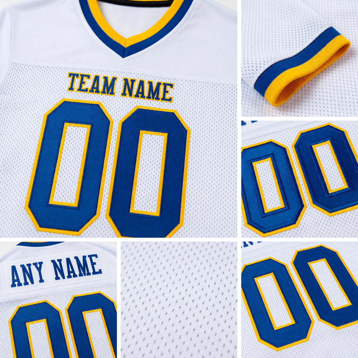 Custom White Royal-Gold Mesh Authentic Throwback Football Jersey detail
