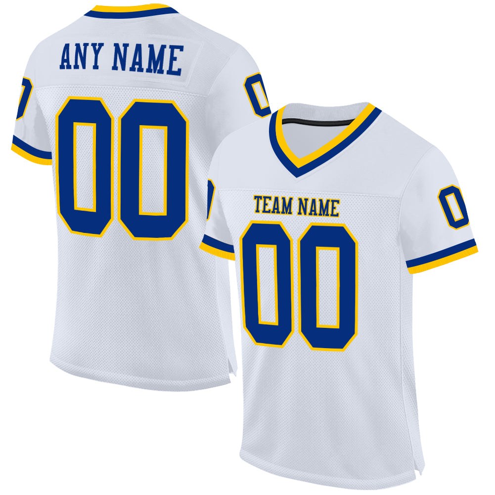 Custom White Royal-Gold Mesh Authentic Throwback Football Jersey photo 1