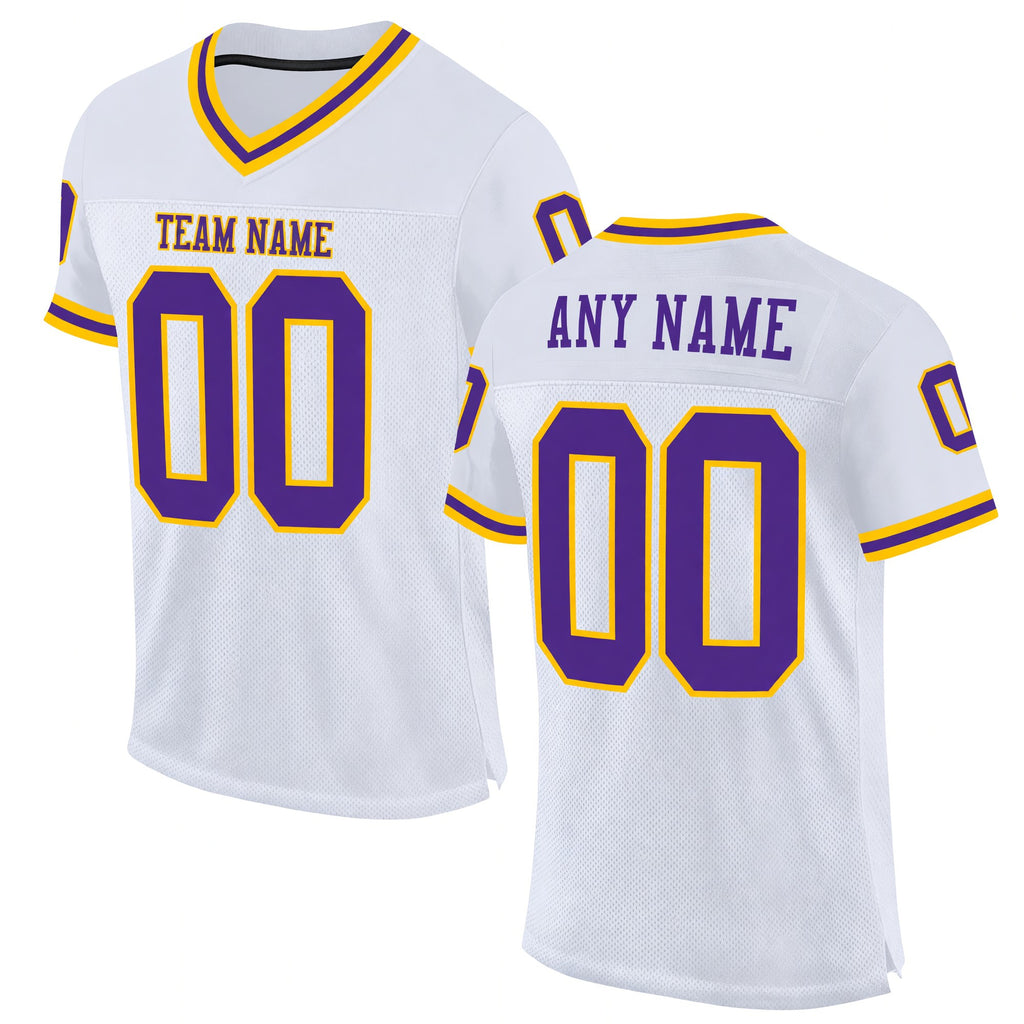 Custom White Purple-Gold Mesh Authentic Throwback Football Jersey