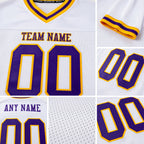 Custom White Purple-Gold Mesh Authentic Throwback Football Jersey detail
