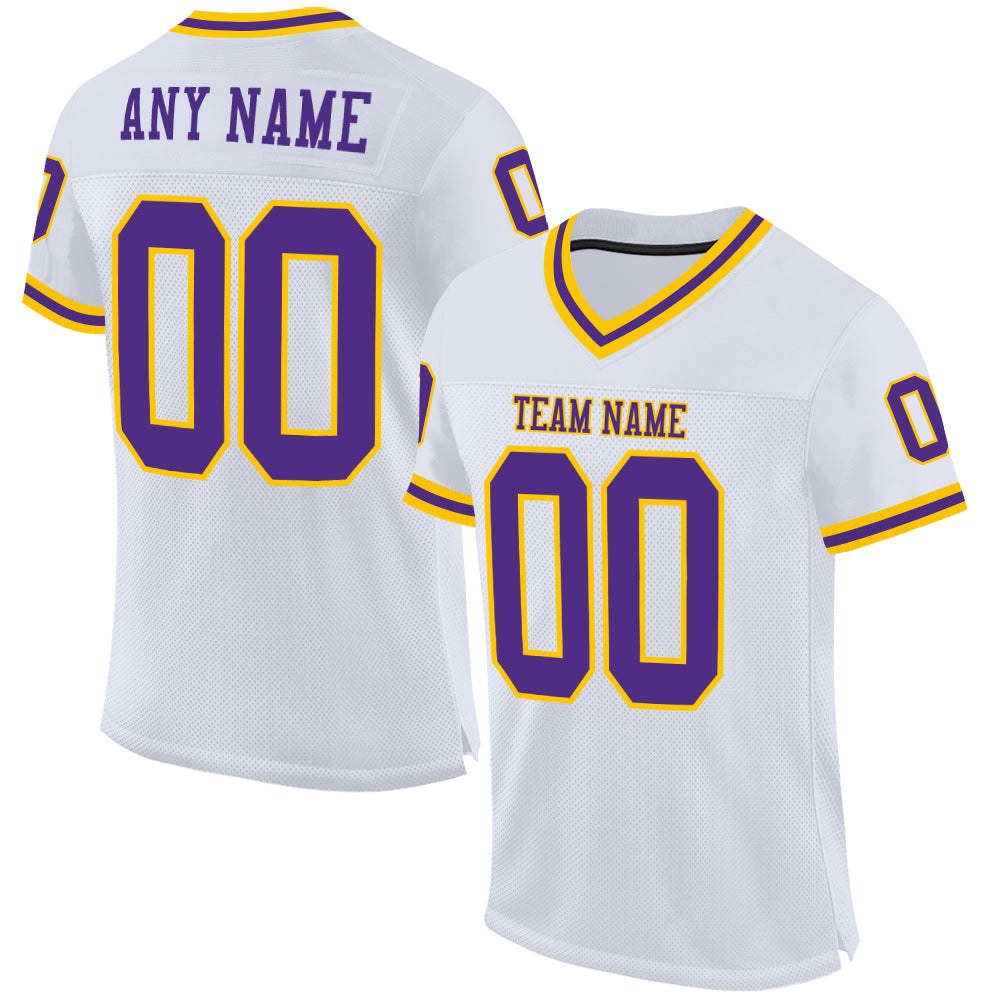 Custom White Purple-Gold Mesh Authentic Throwback Football Jersey photo 1