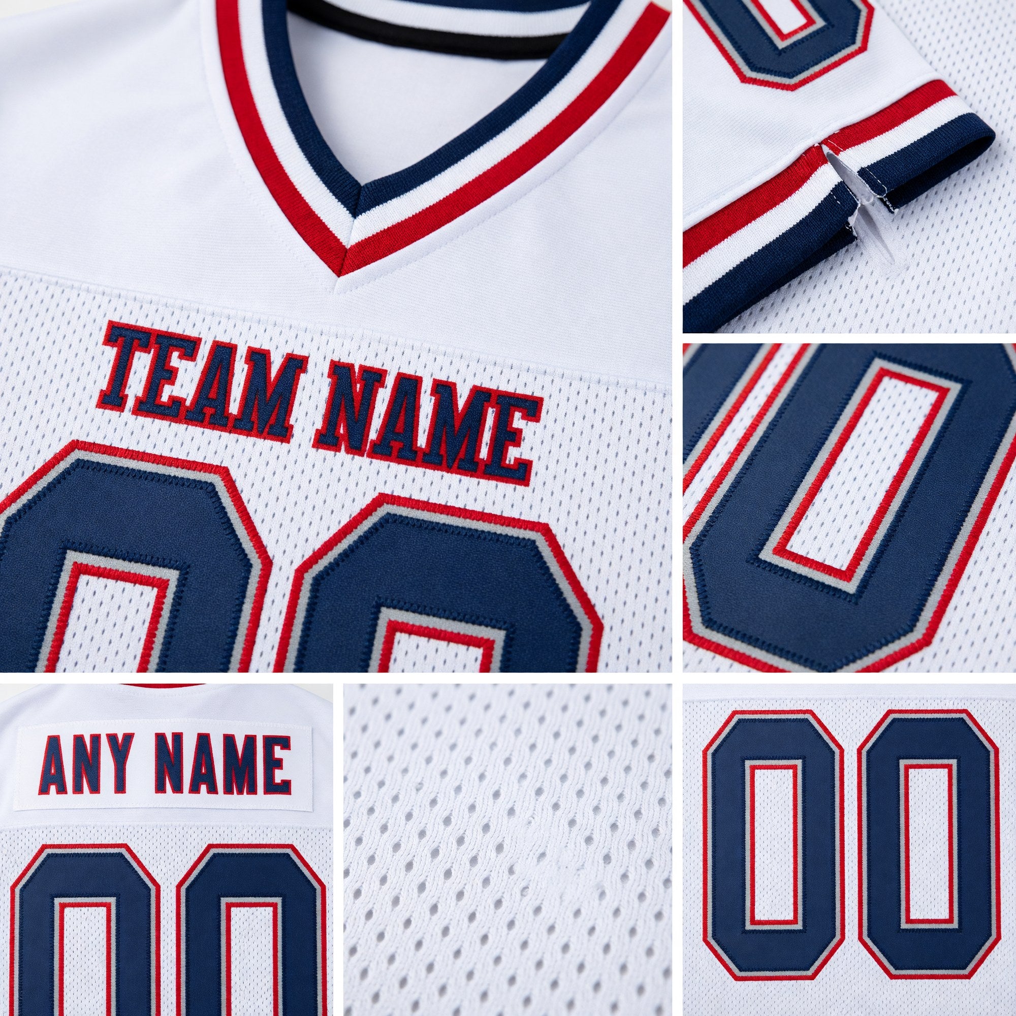 Custom White Navy-Red Mesh Authentic Throwback Football Jersey detail