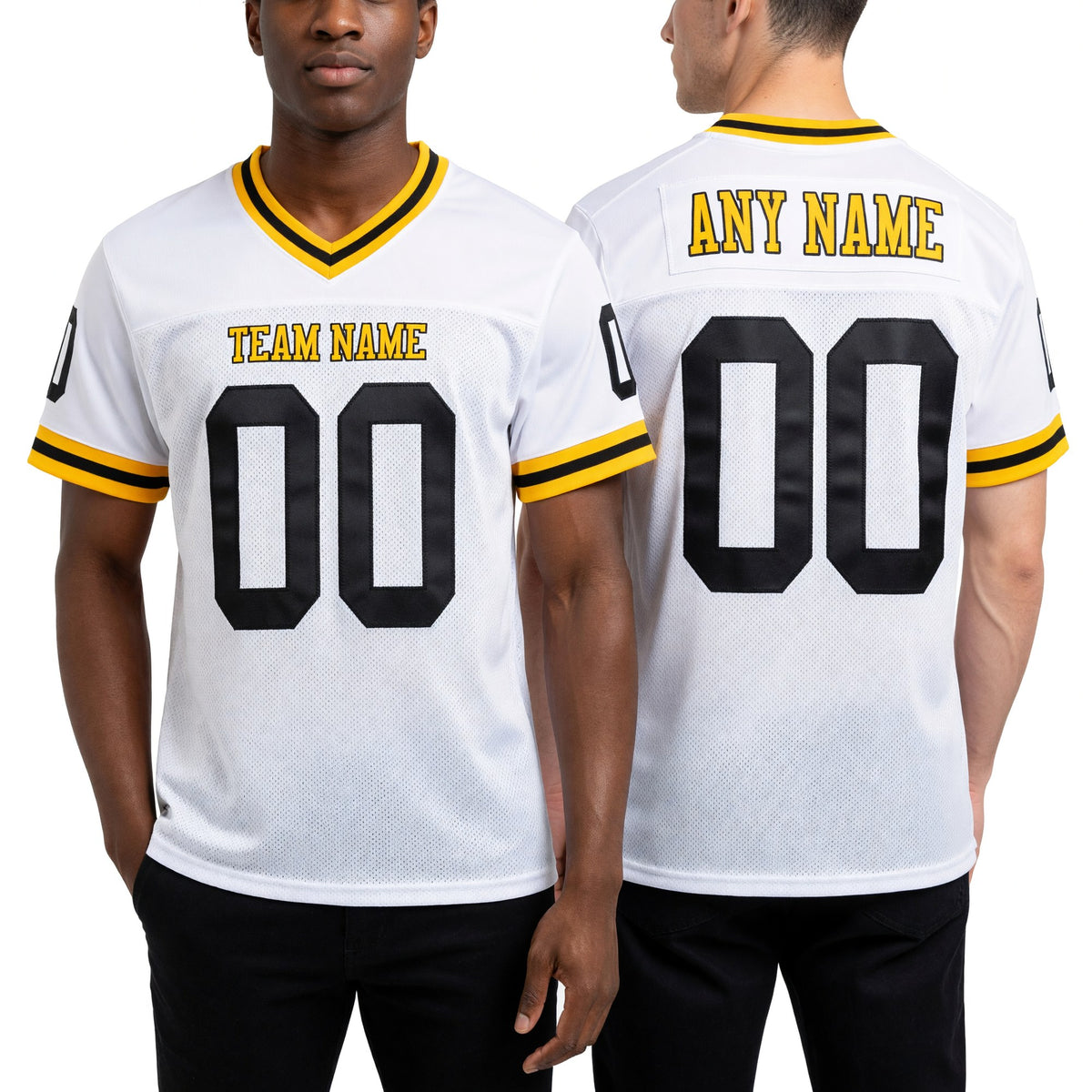 Custom White Black-Gold Mesh Authentic Throwback Football Jersey worn front and back