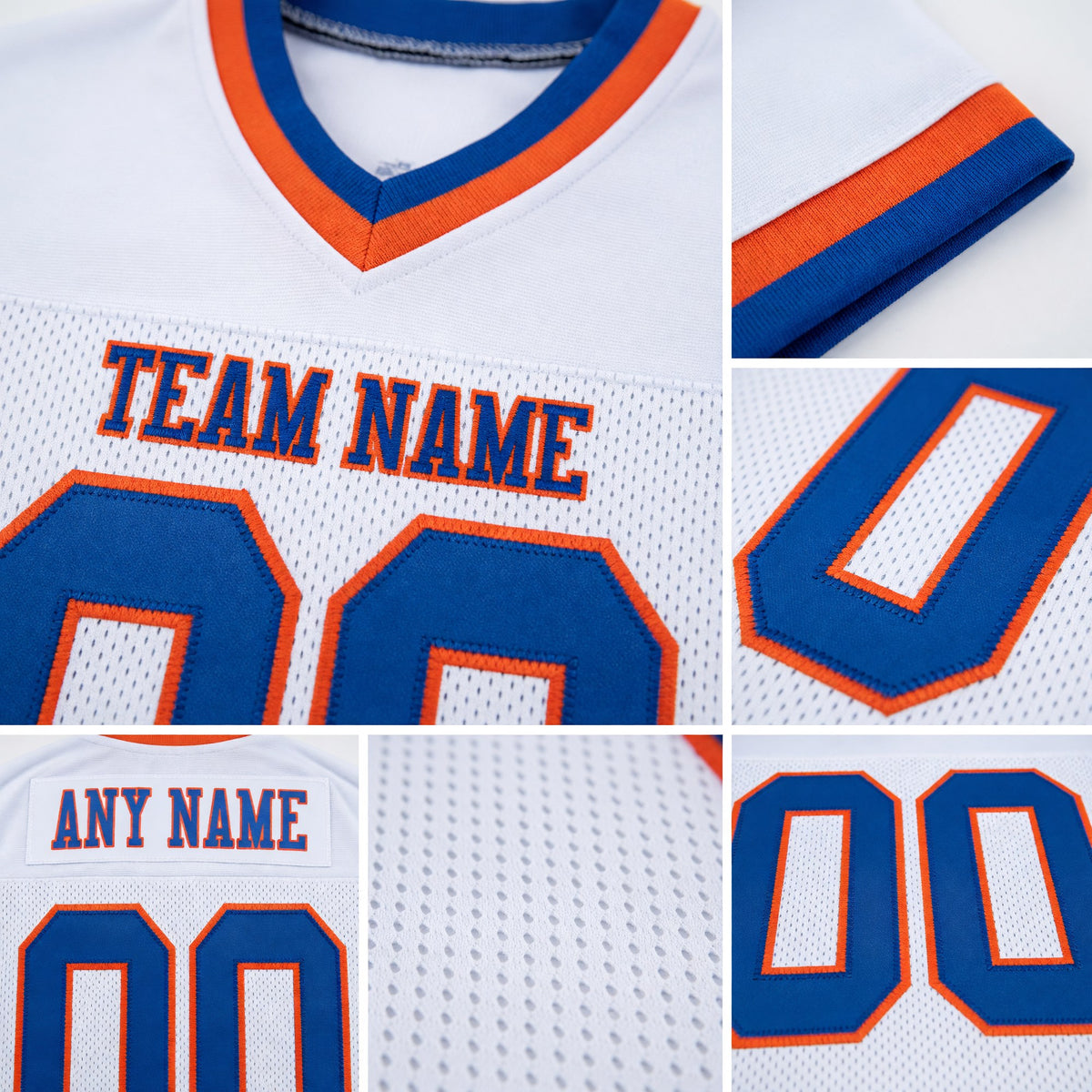Custom White Royal-Orange Mesh Authentic Throwback Football Jersey detail