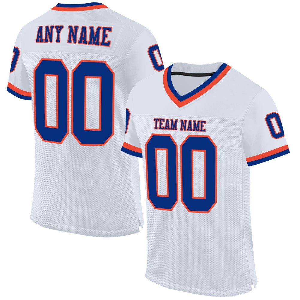 Custom White Royal-Orange Mesh Authentic Throwback Football Jersey photo 1