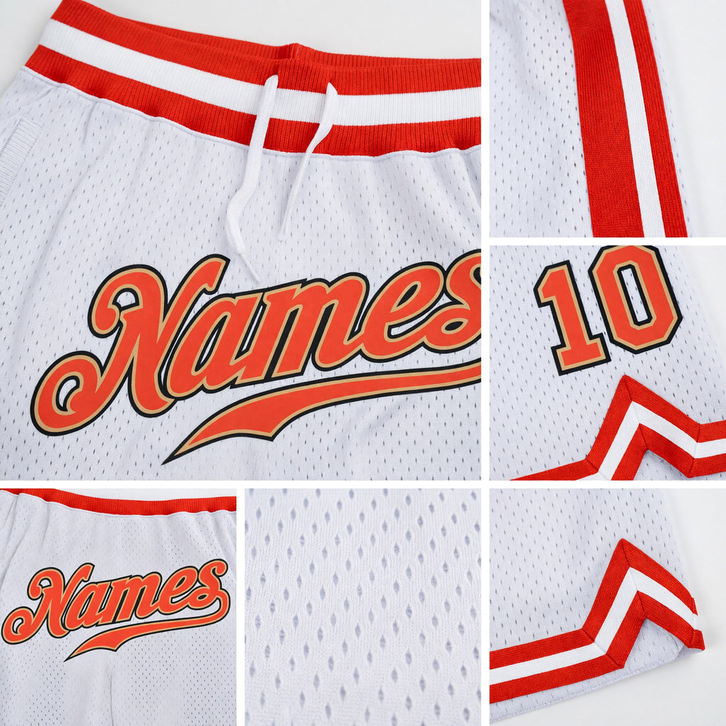 Custom White Orange-Old Gold Authentic Throwback Basketball Shorts detail