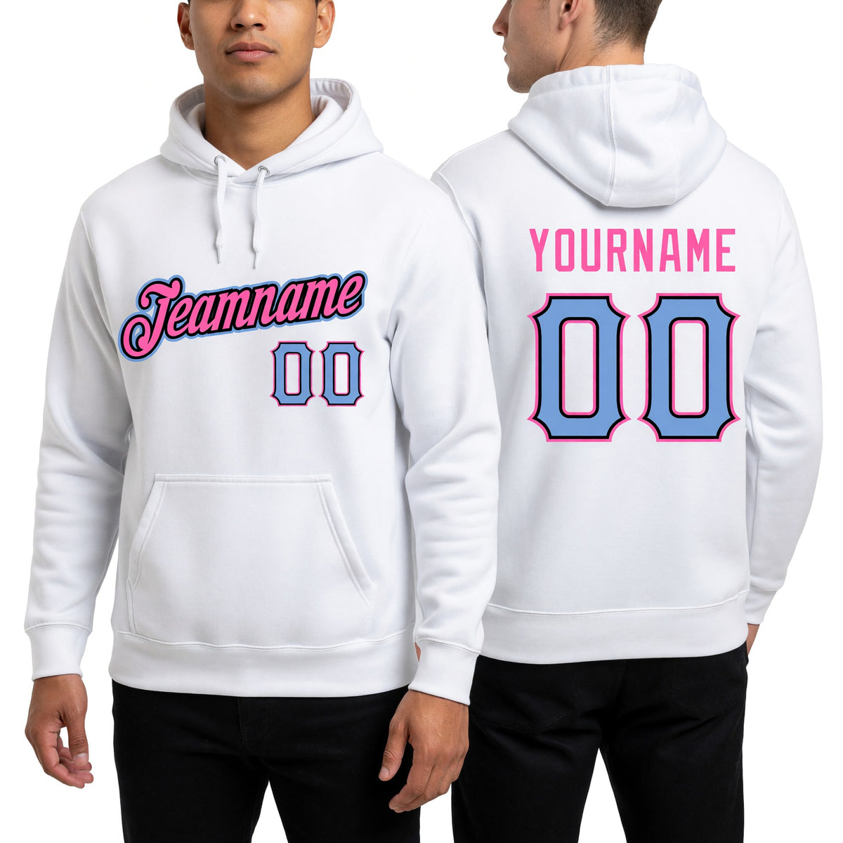Custom Stitched White Light Blue-Pink Sports Pullover Sweatshirt Hoodie worn front and back