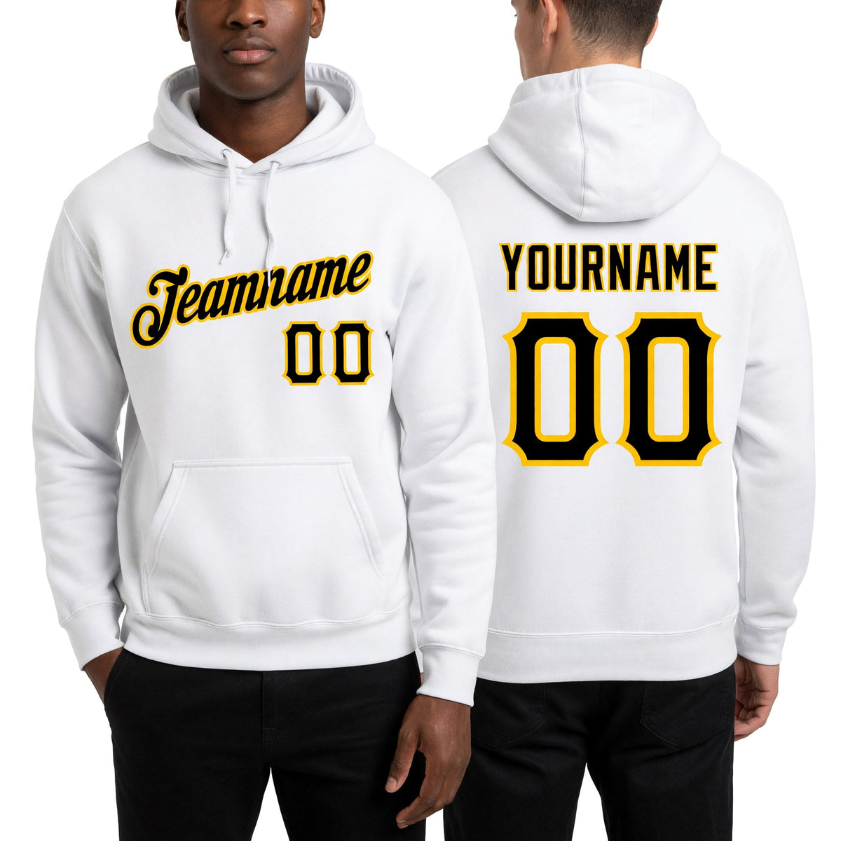 Custom Stitched White Black-Gold Sports Pullover Sweatshirt Hoodie worn front and back