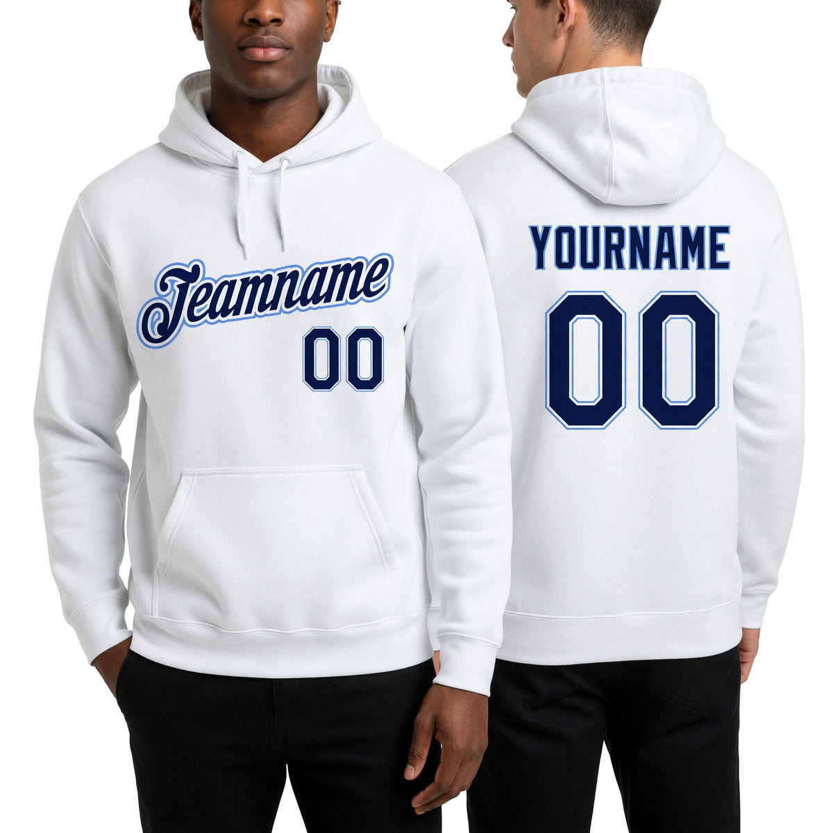 Custom Stitched White Navy-Light Blue Sports Pullover Sweatshirt Hoodie worn front and back